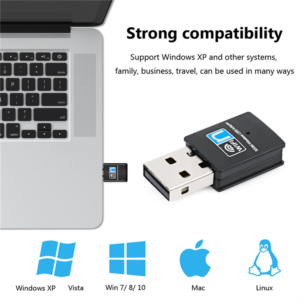 GRWIBEOU-adaptador Wifi USB de 300Mbps, receptor inalámbrico Dongle, tarjeta de red USB para ordenador portátil de escritorio, Windows 7, 8, 10,