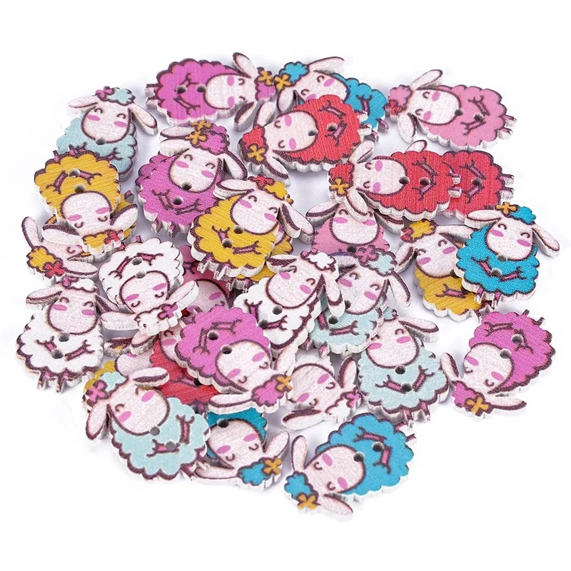 50Pcs Cute Sheep Shape Wooden Buttons in Bulk for Diy Crafts Sewing Knitting Card Making Mix Color