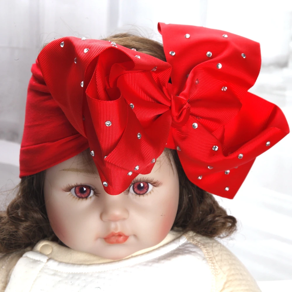 8inch bows Rhinestone Nylon Headbands Baby Girls Kids Soft Bows Knot Turban Hair Bands Baby Hair Accessories Children Headwear