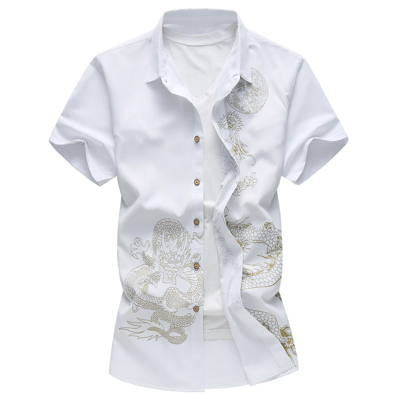 Chinese Style Summer Short Sleeve Shirt, Printed Dragon Shirts, Business Casual Wine Red Blue Black Men Camisa Party Wedding