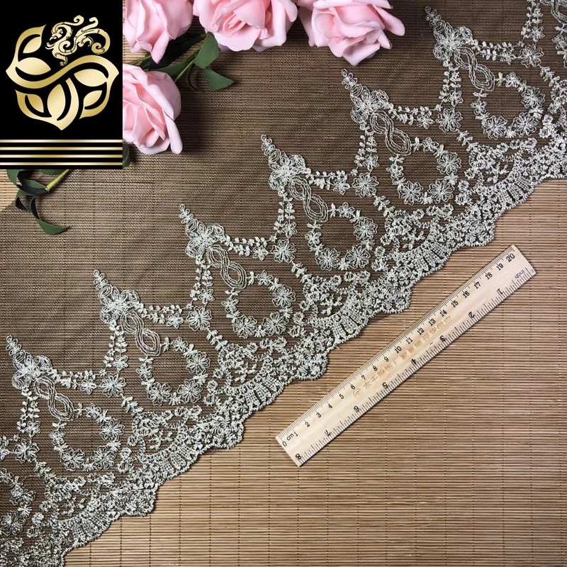 22CM Wide Elegant Gold Line Mesh Lace Fabric Embroidery Ribbon Trim Dress Guipure Scarf Apparel DIY Sewing Accessories