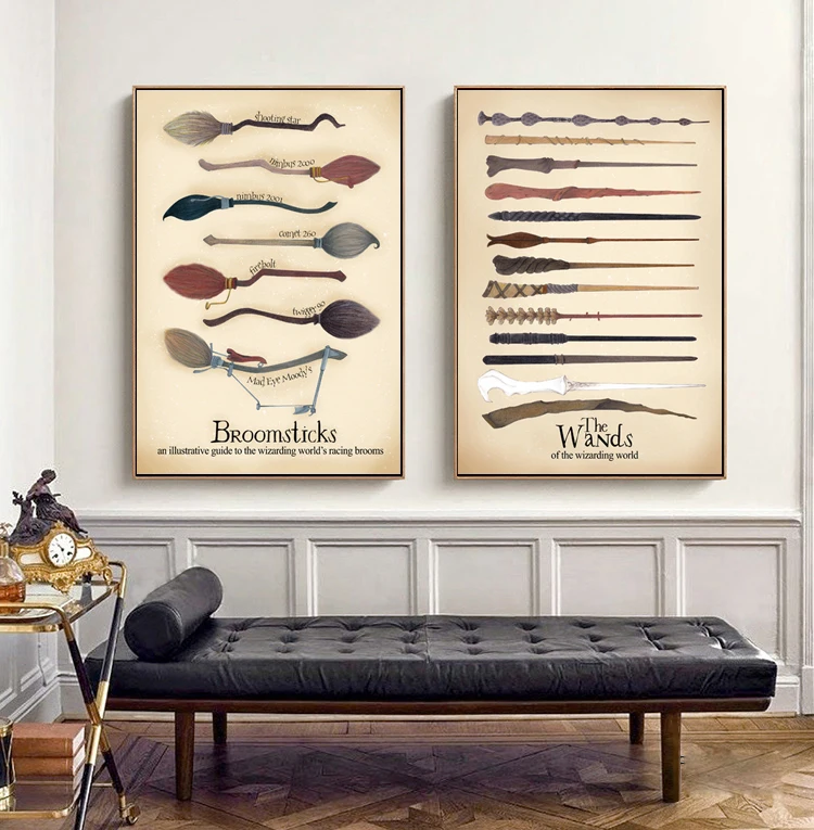 Vintage Prints Magic Wand Poster Racing Brooms Hand Drawn Quidditch Canvas Painting Wall Art Pictures Room Decor Gift Idea