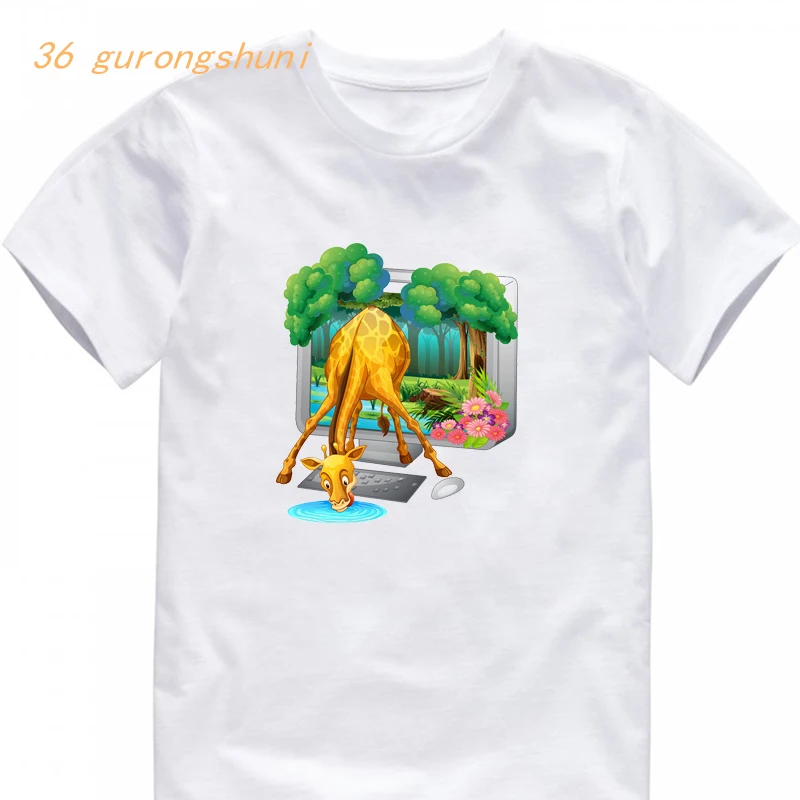 boy t shirt for girls tops Enchanted Forest giraffe graphic t shirts children clothing kids clothes girl 8 to 12 boys t-shirts