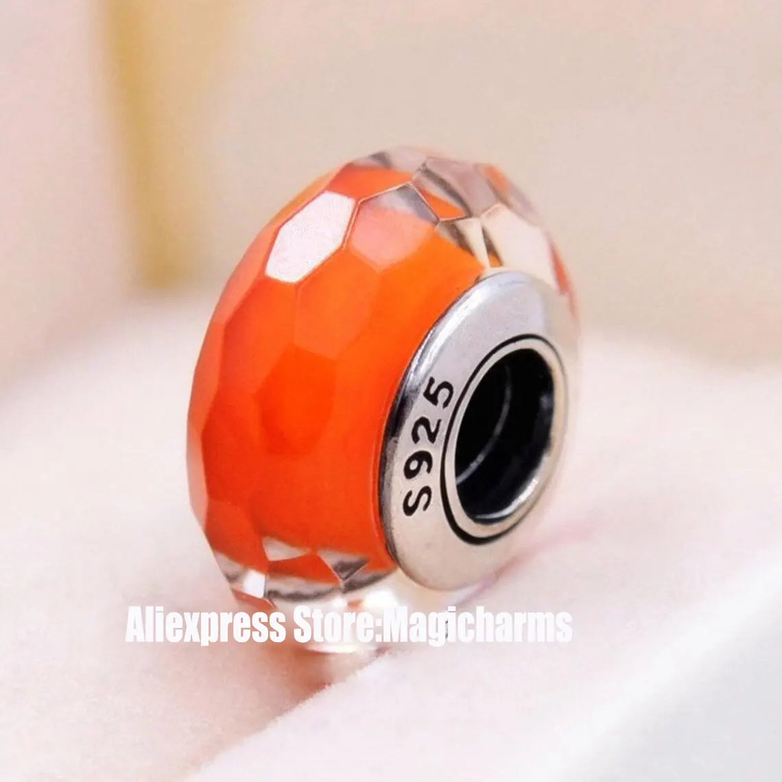 925 Sterling Silver Orange Fascinating Faceted Murano Glass Charm Bead For Pandora European Jewelry Bracelet