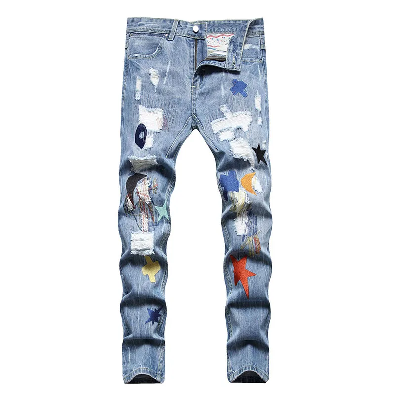 

Mcikkny Men Moon Star Ripped Jeans Trousers Ripped Washed Casual Denim Pants For Male Spring Autumn