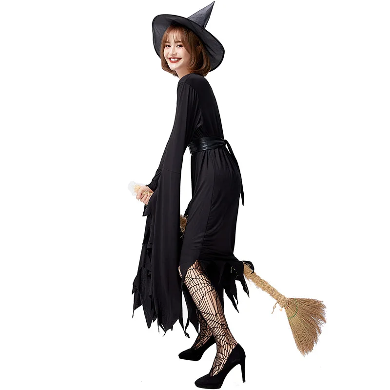 Halloween Women Witch Costume Evil Witch Cosplay Outfit Carnival Masquerade Irregular Black Fantasia Dress With Hat