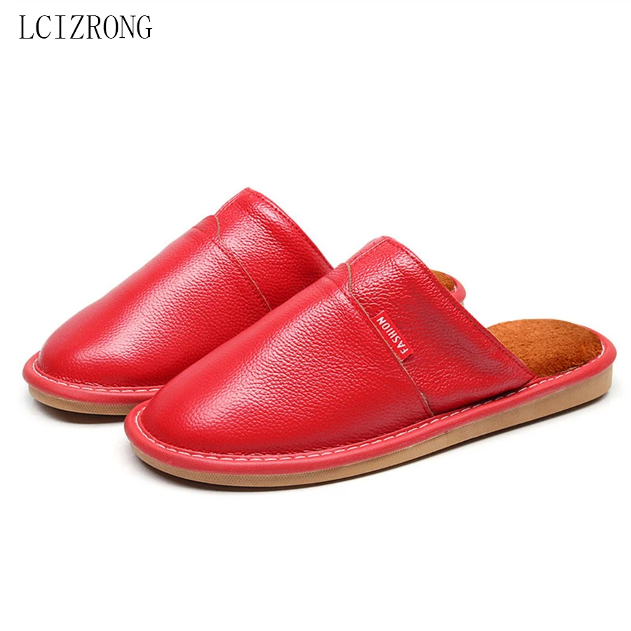 LCIZRONG Home Slippers for Women Plush Warm Woman/Men Sewing Genuine Leather Unisex Waterproof House Slippers Big Size 35-44