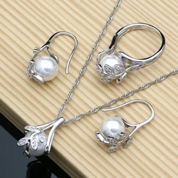 Flower Silver 925 Bridal Jewelry Sets Leaves Pearl White Zircon for Women Wedding Pendant Drop Earrings Open Rings Necklace Set