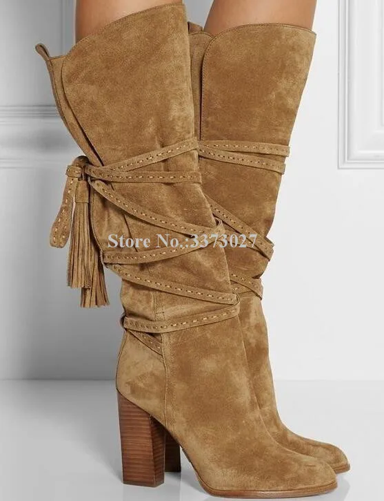 New Beige Suede Chunky Heel Long Boots Women Sexy Cross Ropes Tassels Knee High Boots Lady Fashion Knight Boots Dropship