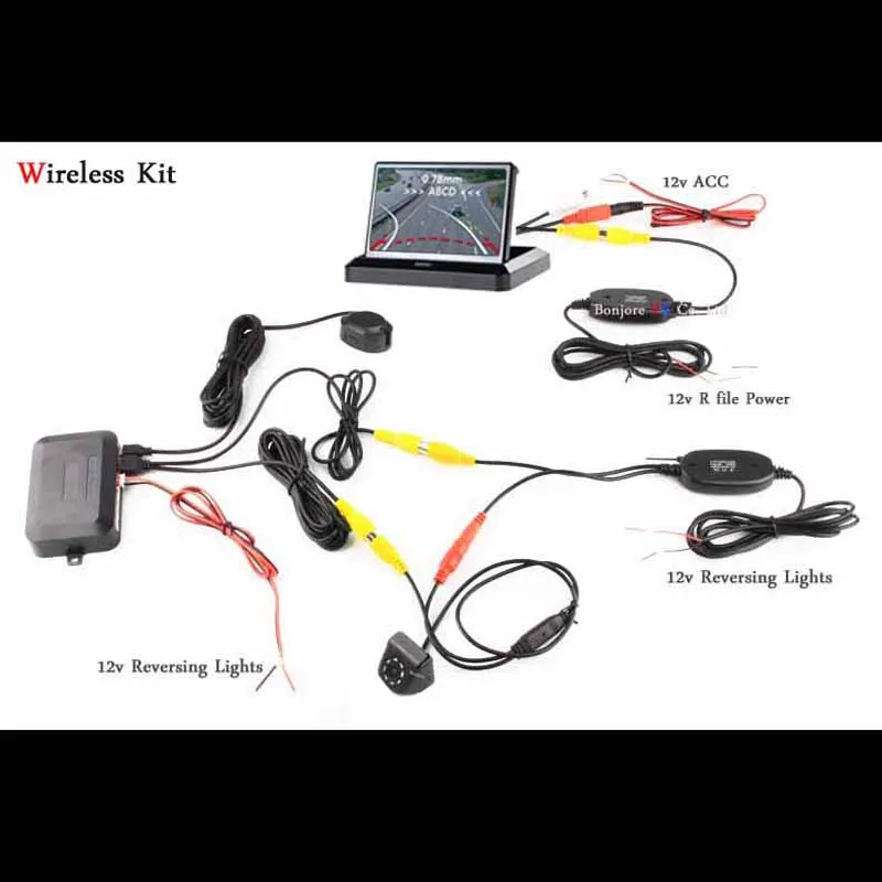 Koorinwoo Wireless Adopter Parkmaster 4.3 inch Folding Car LCD Monitor Video Parking Sensors 4 Buzzer Trajectory Rearview Camera