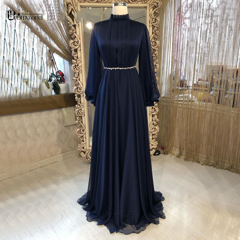 Elegant Navy Blue Muslim Evening Dresses Long Sleeves A-Line Women Formal Gowns 2024 Crystal Chiffon Prom Dress Robes De Soirée