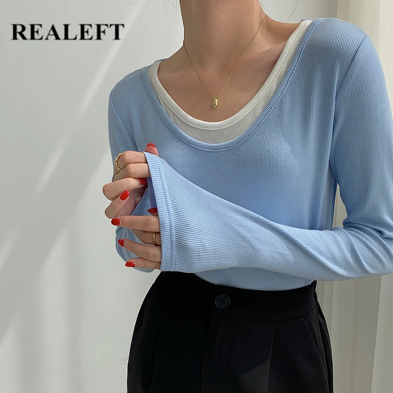 

REALEFT Autumn Casual Women's T-Shirts O-Neck Long Sleeve Loose Shirts Minimalism Bottoming Female Patchwork Knitwear Tops