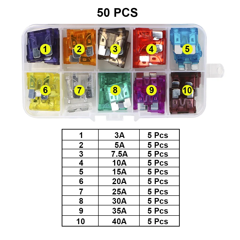 Clip Assortment Car Truck Fuses with Box Auto Blade Type Fuse Set 50/100 Pcs 2A 3A 5A 7.5A 10A 15A 20A 25A 30A 35A 40A Amp