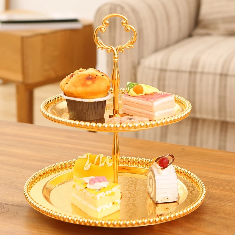 

Gold Plating Round Alloy Two-tier Cake Fruit Tray European Home Wedding DIY Party Tabletop Decor Silver Square Metal Candy Dish