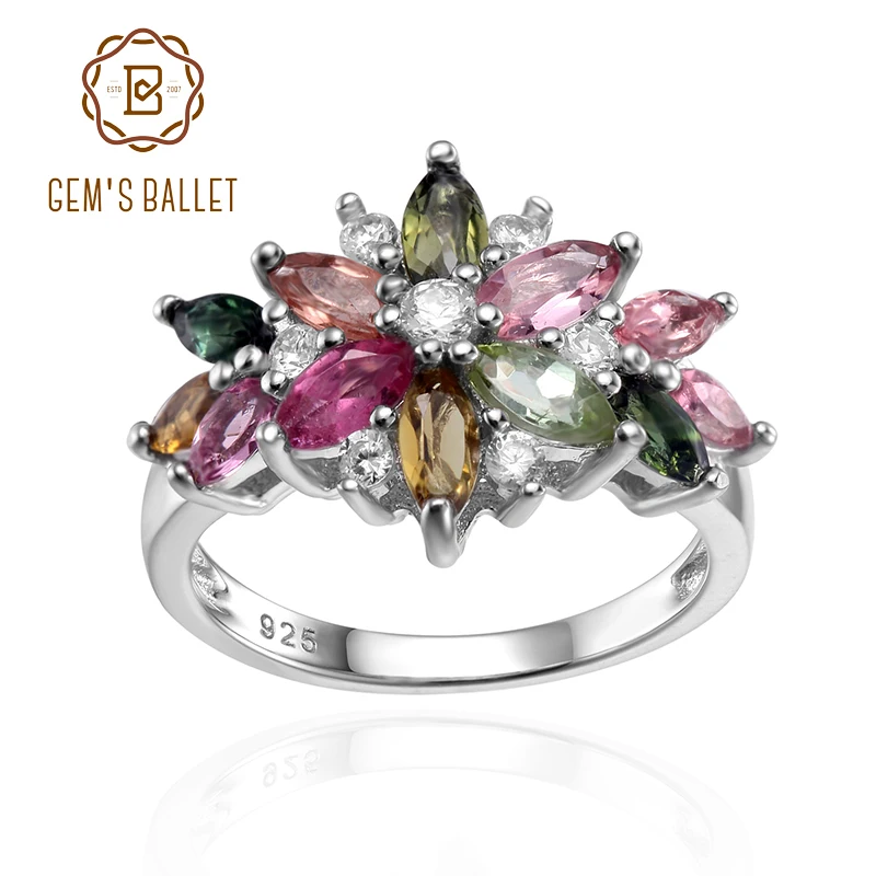 

GEM'S BALLET Natural Multicolor Gemstone Flower Ring Real 925 Sterling Silver Tourmaline Rings For Women Engagement Jewelry