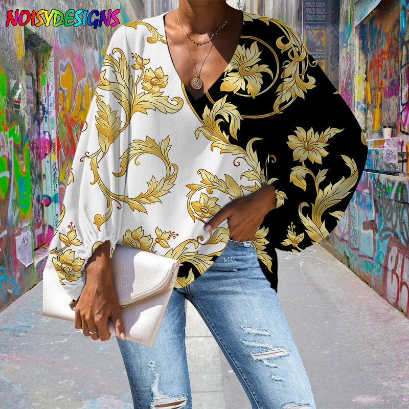 NOISYDESIGNS Autumn Women's Long Sleeve Loose Shirt Breathable White Black Golden Floral Pluse Size Chiffon Blouse Dropshipping