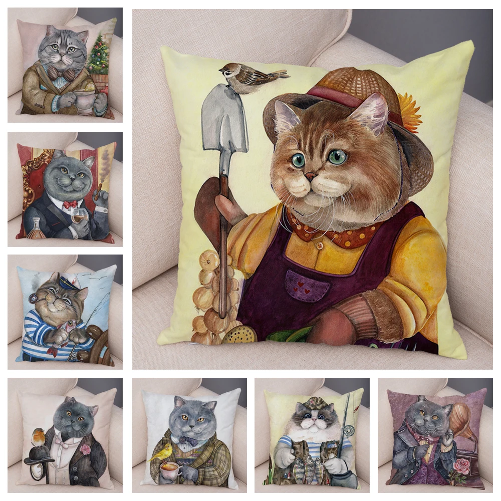 Watercolor Worker Cat Pillow Case Decor Cartoon Animal Pillowcase Soft Plush Cushion Cover for Children Gift Sofa Home 45x45cm