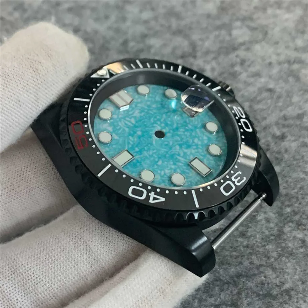 Nh35ムーブメント用セラミックベゼル,40mm,黒ケース,サファイアガラス,ライト,ブルーダイヤル,変更,時計パーツセット
