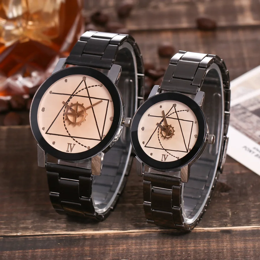 New Couple Watches Men Gear Triangle Pointer Compass Dial Second Hand Watch Women Stainless Steel Watches Relogio Feminino Clock