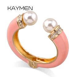 KAYMEN New Fashion Women 9 Colors Double Imitation Pearls and Rhinestones Enamels Bracelet Statement Bangle BR-03155 wholesale