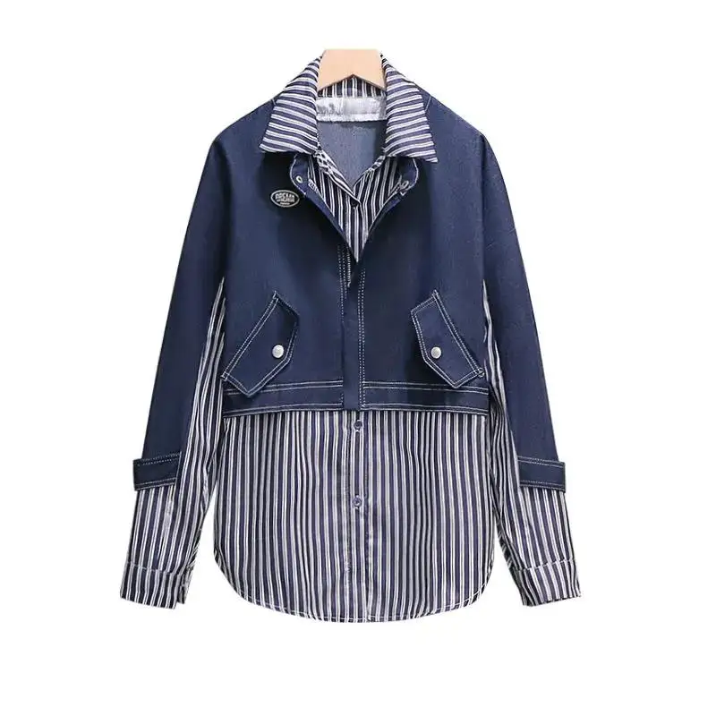 Spring Autumn cowboy Jackets New 2022 Fake Two-Piece Casual Shirt Coat Tops Women\'s Fashion Splicing Denim Jacket Female 4XL