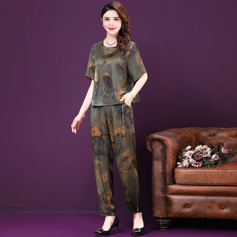 Women Pants 2-Piece Set 2024 Female Summer Suit Middle-aged Mom Imitation Ice Silk Printing Set  Loose Casual Fashion Suit