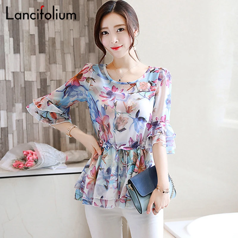 Bunga Chiffon Blus Wanita Musim Panas Korea Ruffle Peplum Top Wanita 2020 Elegan Plus Ukuran Kemeja Kantor Wanita Camisas Feminin