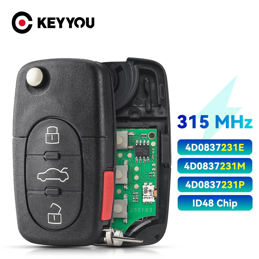 

KEYYOU Folding Flip Car Remote Key Fob 3 +1 4 Buttons 315Mhz ID48 Chip For Audi A4 A6 A8 S4 S6 S8 TT 1997-2005 4D0837231 M E P