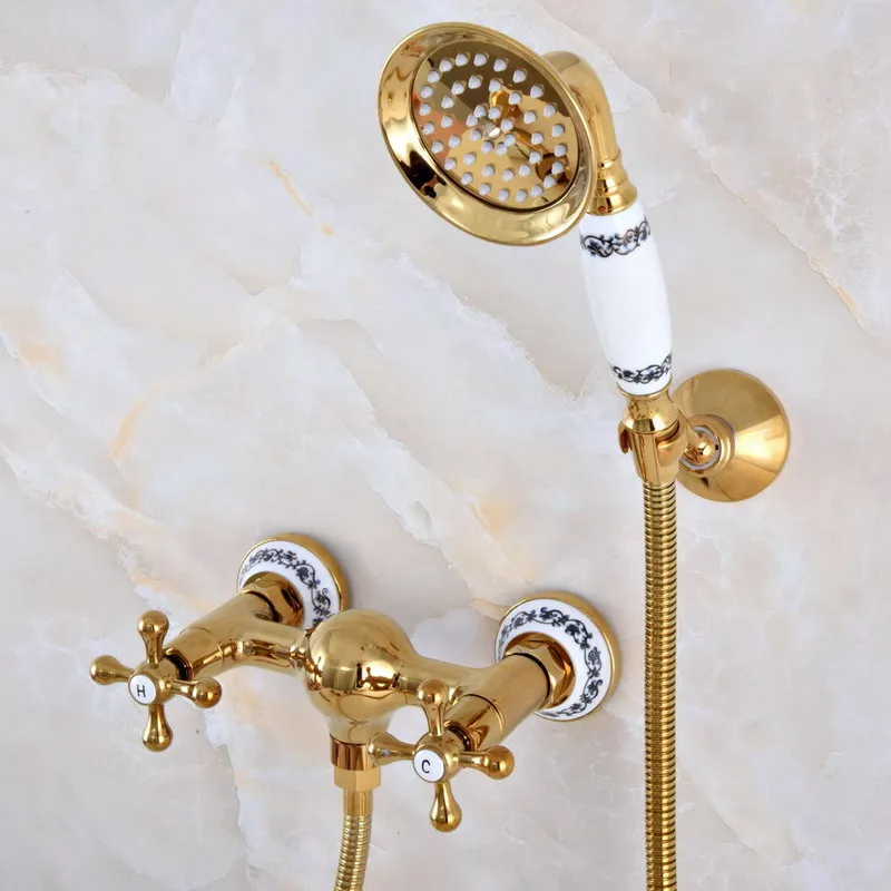 Luxury Polished Gold Color Brass Bathroom Hand Held Shower Head Faucet Set Mixer Tap Dual Cross Handles mna971