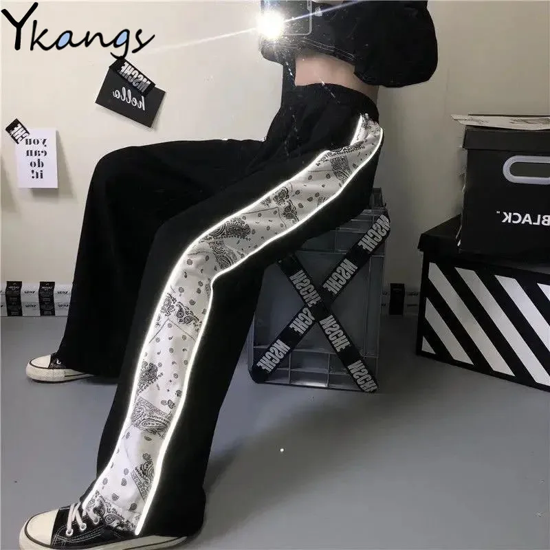 Joggers Women Reflective Harajuku Gothic Harem Pants Korean Streetwear Trousers Women Straight Striped Elastic High Waist Pants