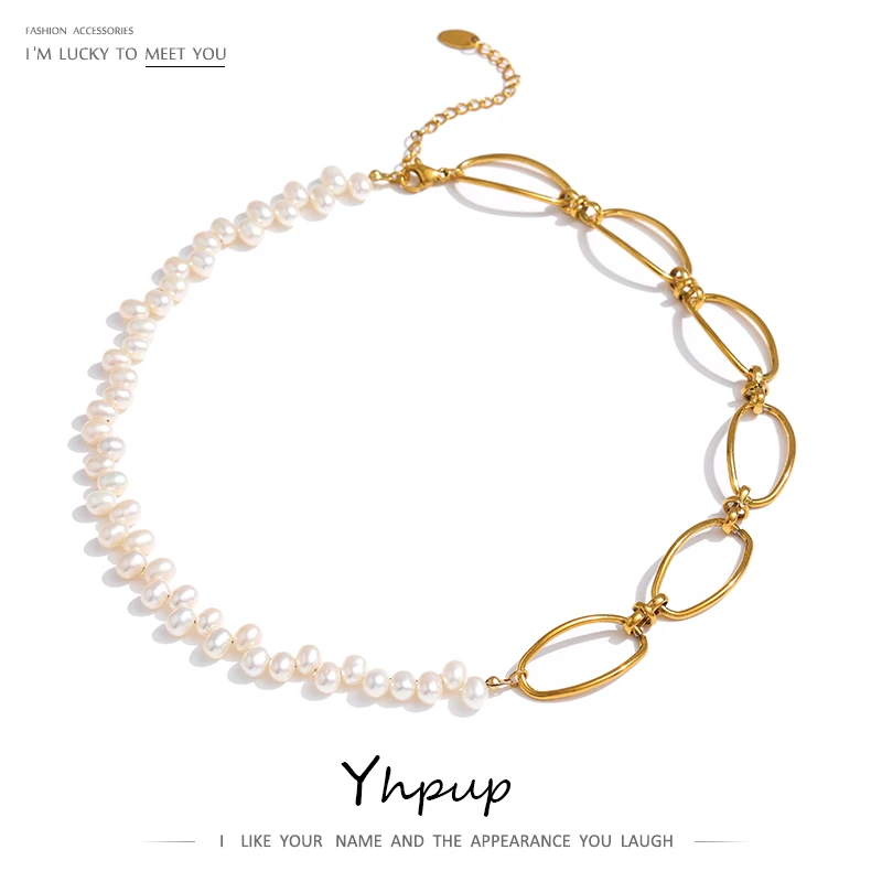 Yhpup New Stainless Steel Jewelry Elegant Natural Pearl Chain Necklace Temperament Metal Texture Golden Choker Bijoux Femme