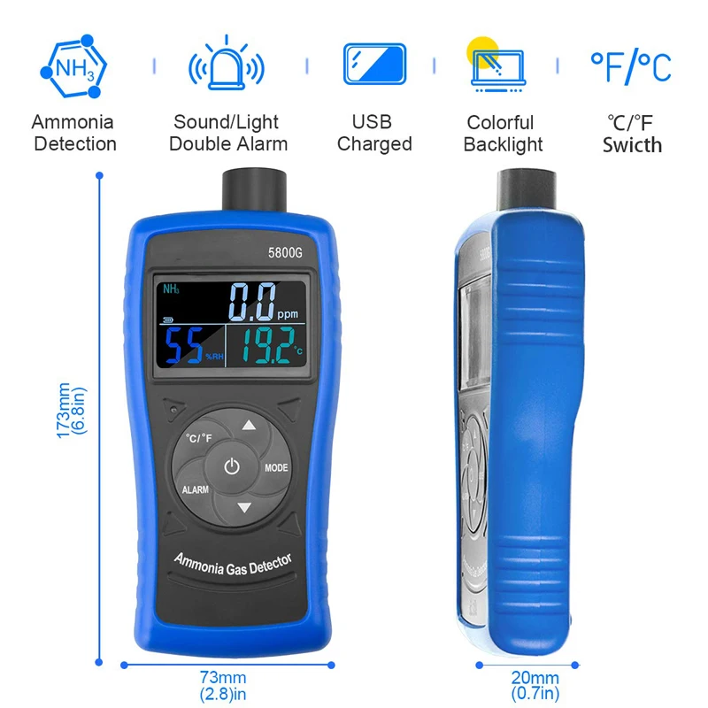 Ammonia Gas Monitoring Detector NH3 Monitor,0-100ppm Particle Detector Meter with USB Recharge Battery For Industry Farms