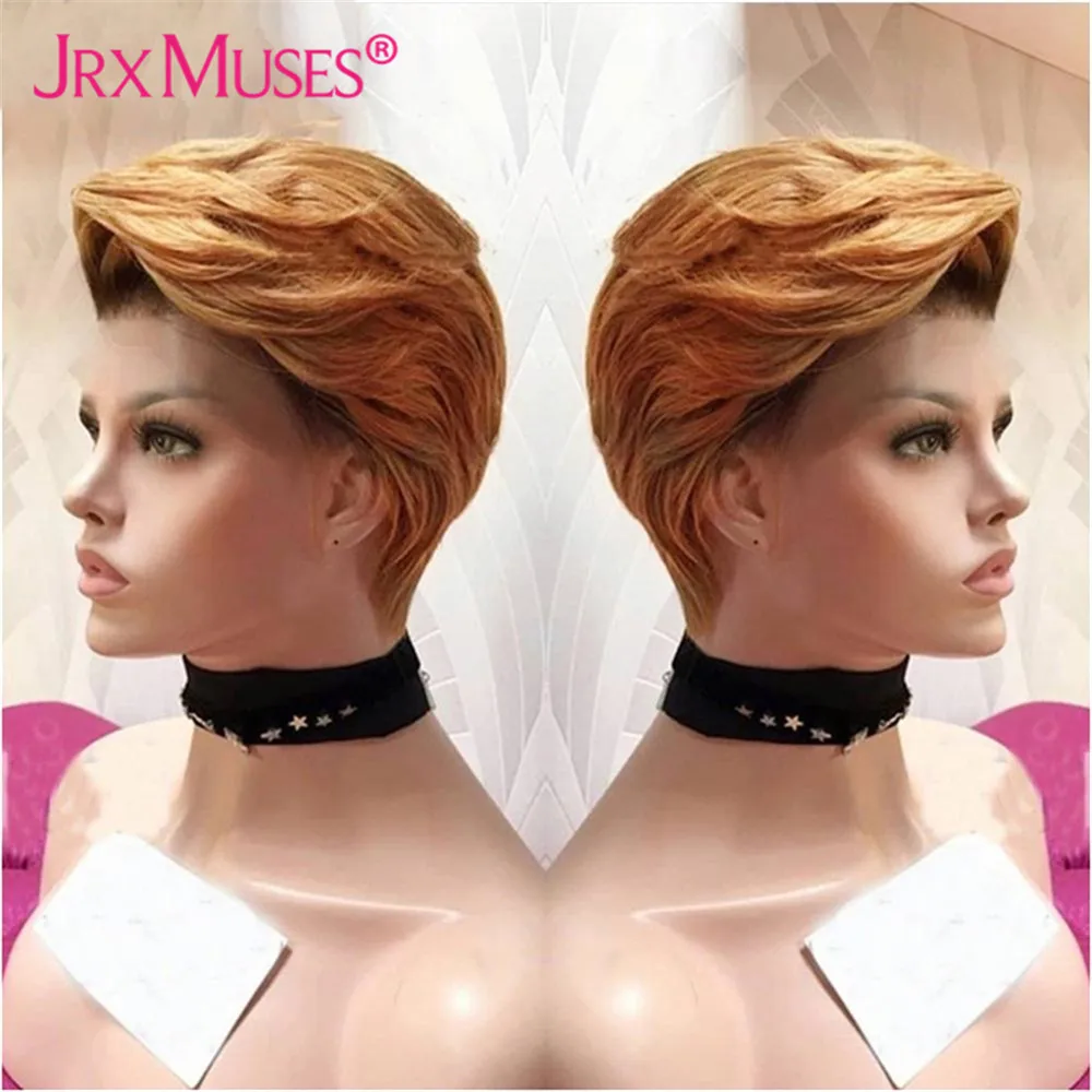 Ombre Honey Blonde Short Pixie Cut Human Hair Wigs for Women 6inches Side T Lace Part Wigs Wave Pre Plucked Brazilian Remy Hair