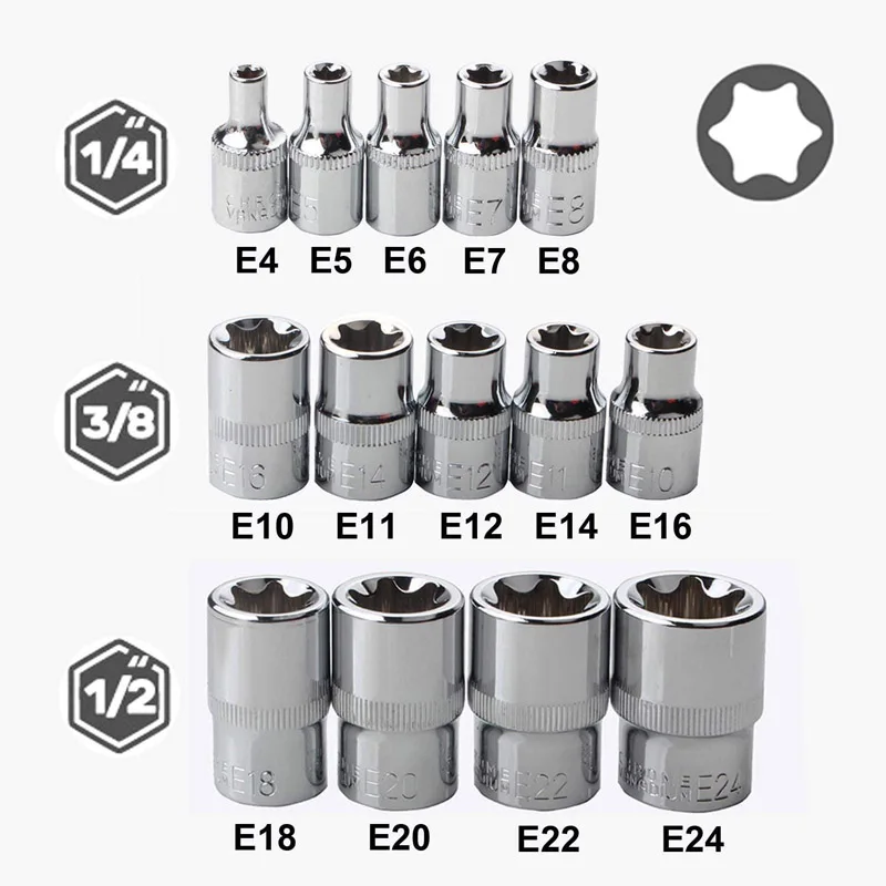 14 PCS Female E Torx Star Socket Set E4 - E24 Female External Torque Star Socket Set,1/4