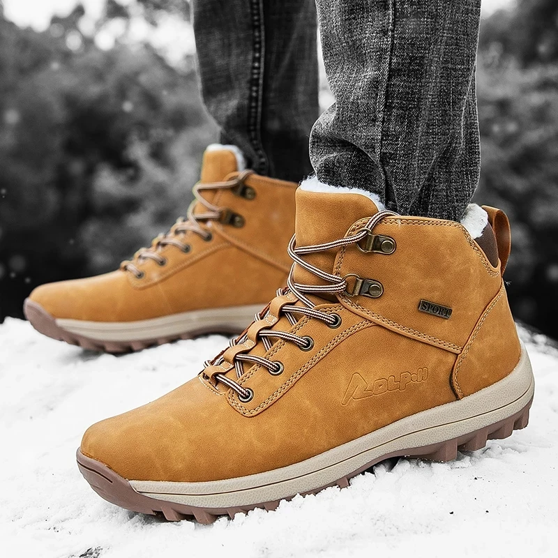 YCTMO Men Leather Ankle Boots Short Plush Winter Outdoor Snow Boots Warm Waterproof Non-Slip Men Work Boots Shoes Size 39-48