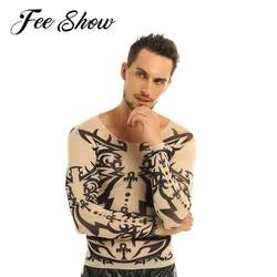 FEESHOW Men Fake Tattoo Design Elastic Long Sleeve T-Shirt Sweater Tattoo Mesh O-Neck Tee For Halloween Costumes Carnival Shirts