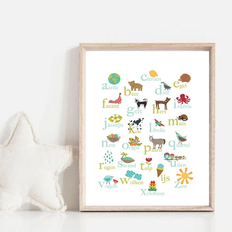 Dutch Alphabet Canvas Prints Educational Wall Art Picture Woodland Animals With ABC Letters Poster Gender Neutral Nursery Decor