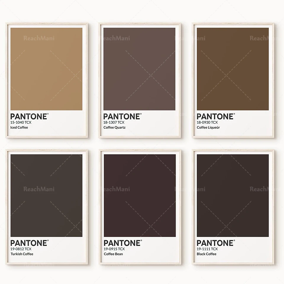 A set of 6 Pantone coffee color guides, iced coffee, black coffee, Turkish coffee, coffee beans, print art poster brown coffee c