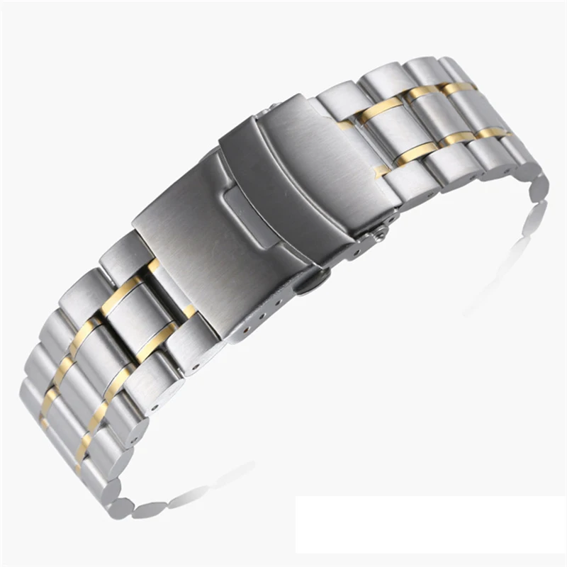 Stainless Steel Watchband 18 20 22 24mm Universal Arc Interface Curved End Straps Wristband Safety Folding Buckle Accessories