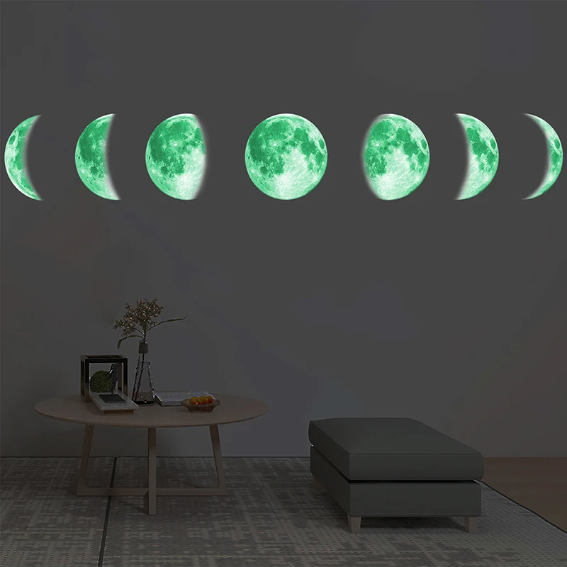 13cm Luminous Moon Emit Green Light Wall Stickers Full Moon Half Moon with Adhesive Wall Decals for Living Room Berdroom Ceiling