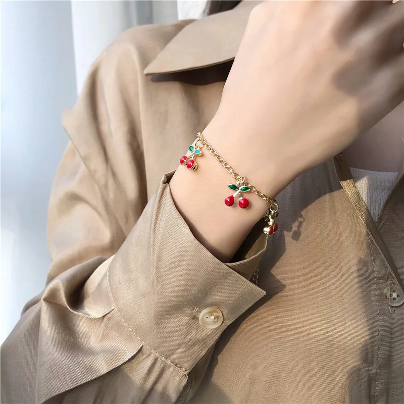 Cute Sweet Red Cherry Bracelet Lover Girlfriends Fashion Accessories Jewelry Lucky Sisters Gift Pendant Bracelet Wholesale