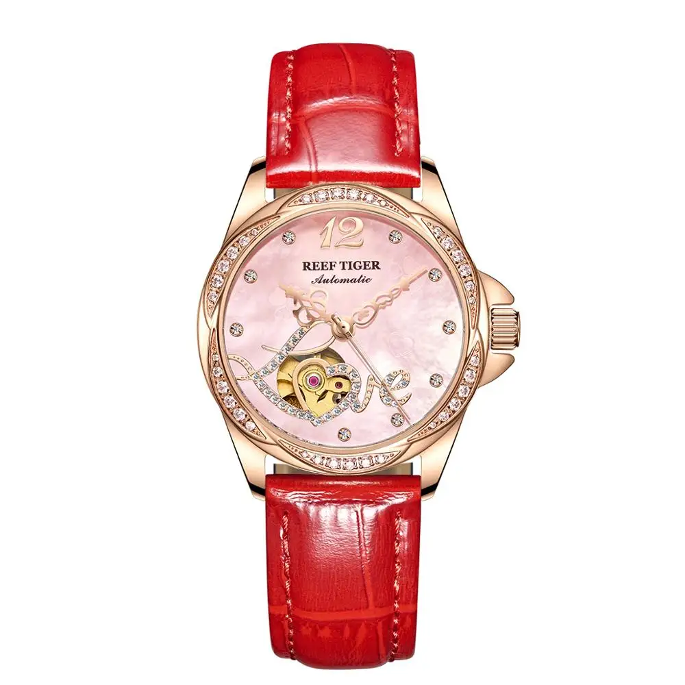 Reef Tiger-reloj automático de lujo para mujer, accesorio de pulsera de cuero genuino, resistente al agua, con diamantes y flores, color oro rosa,