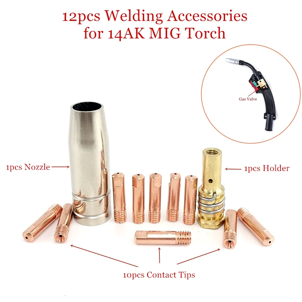 12pcs 14AK MIG Welding Torch Consumables Gas Nozzle Tips Holder Diffuser for Gas Valve Integrated Gasless Welder