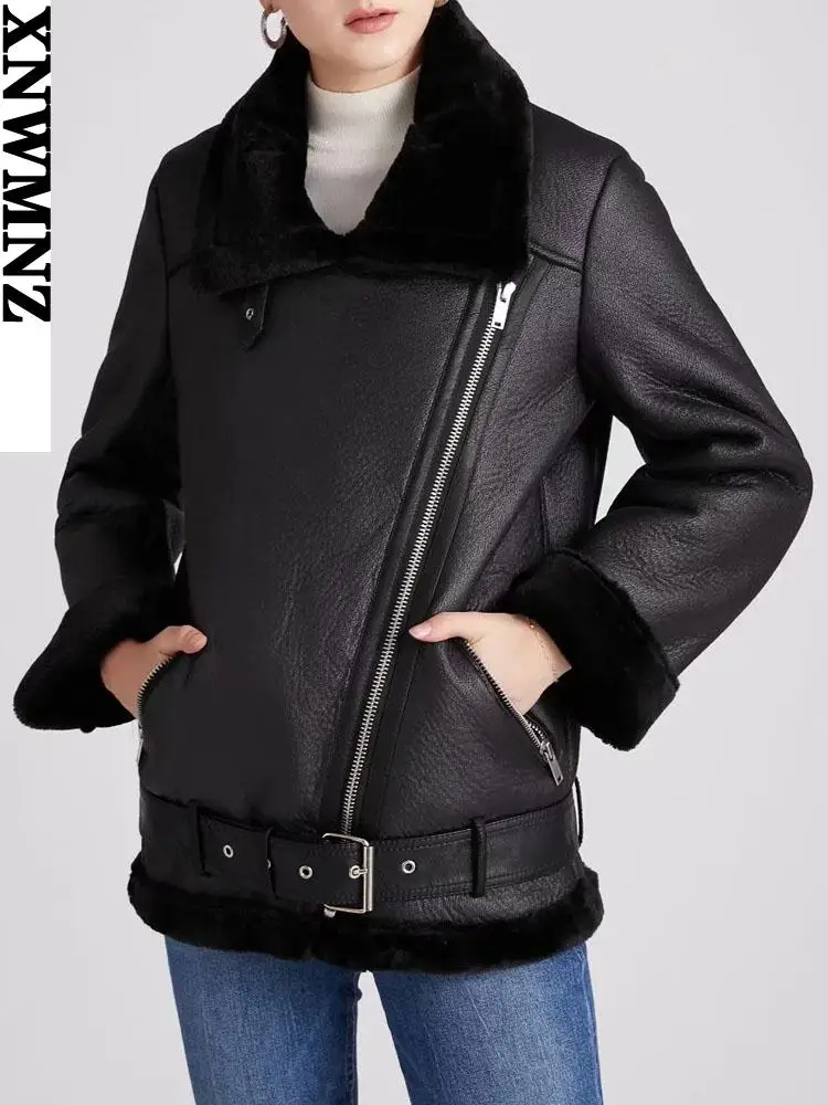 XNWMNZ 2023 Winter Coats Women Thick Faux Leather Fur Sheepskin Coat Female Fur Leather Jacket Aviator Jacket Casaco Feminino