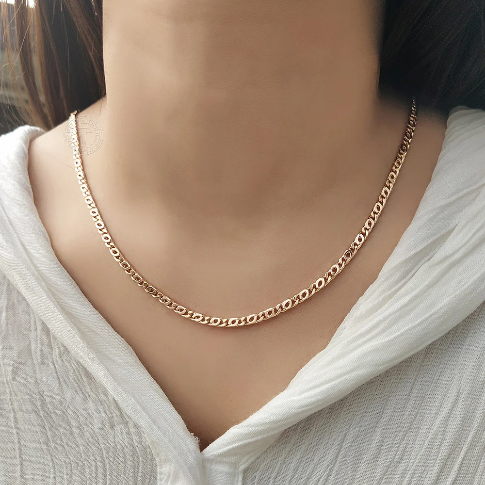 Stylish Jewelry 3-5mm Wide Womens Girls Necklace 585 Rose Gold Color Bead Curved Rolo Marina Cuban Link Chain 50cm 60cm CN35A