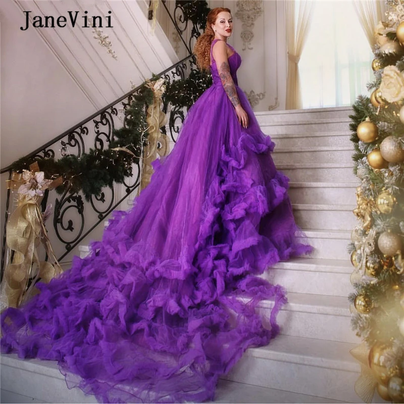 Janevini-vestido de noite longo roxo, sexy, um ombro, sem mangas, tule multicamado, tamanho grande, vestido de jantar formal, dubai, 2020