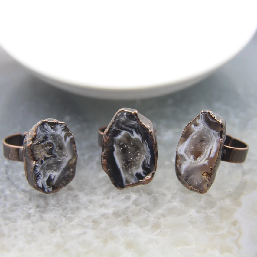 Natural Druzy Geode Agates Adjustable Rings,Lace Rock Agates Drusy Quartz Antique Brass Style Rings Jewelry Gift For Women