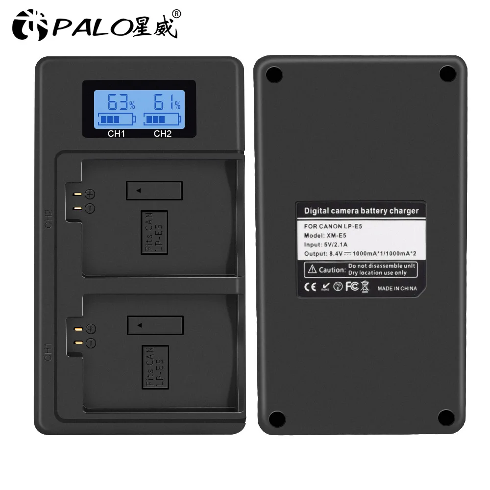 Kit 2 Batterie LP-E5 1500mAh + Caricatore USB-C Doppio Per Canon EOS 1000D, 500D, 450D E Rebel