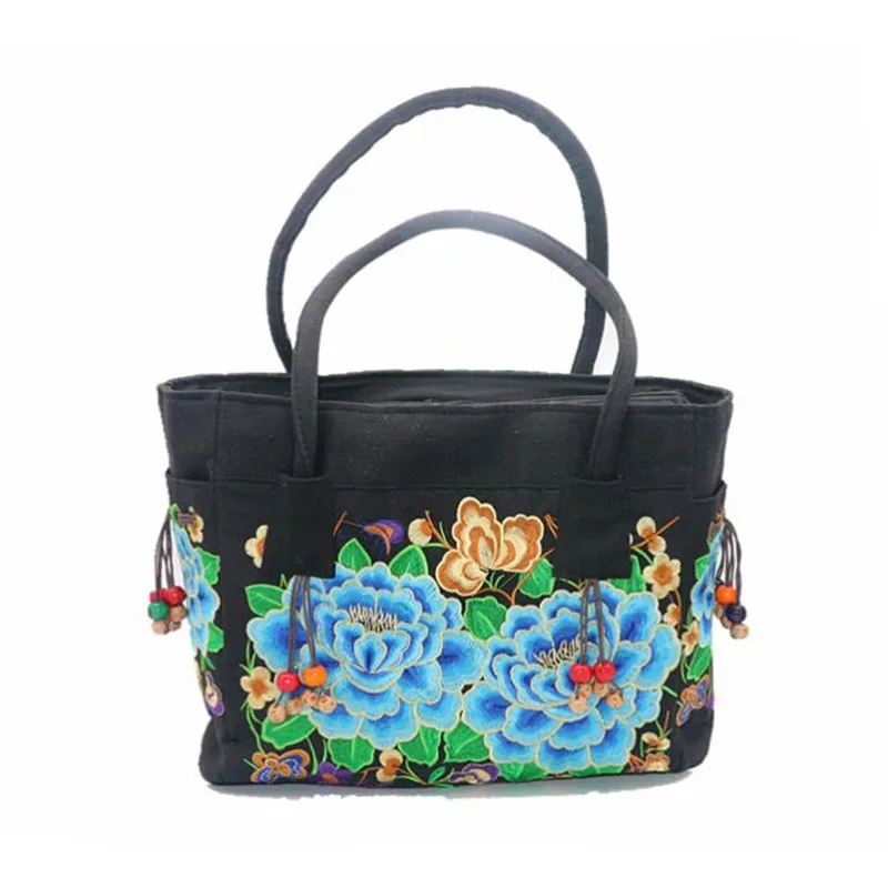 Floral Embroider Women Ethnic Shoulder Bag Ladies Large Canvas Handbags Female Vintage Shopping Hand Totes with Wooden Beading