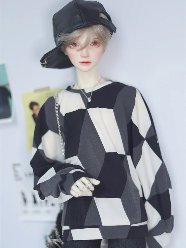 New BJD Doll Clothes T-shirt Black and White Gray Diamond-Quilted Bat-Shaped Sweater Top for 1/3 1/4 Uncle Doll Accessories